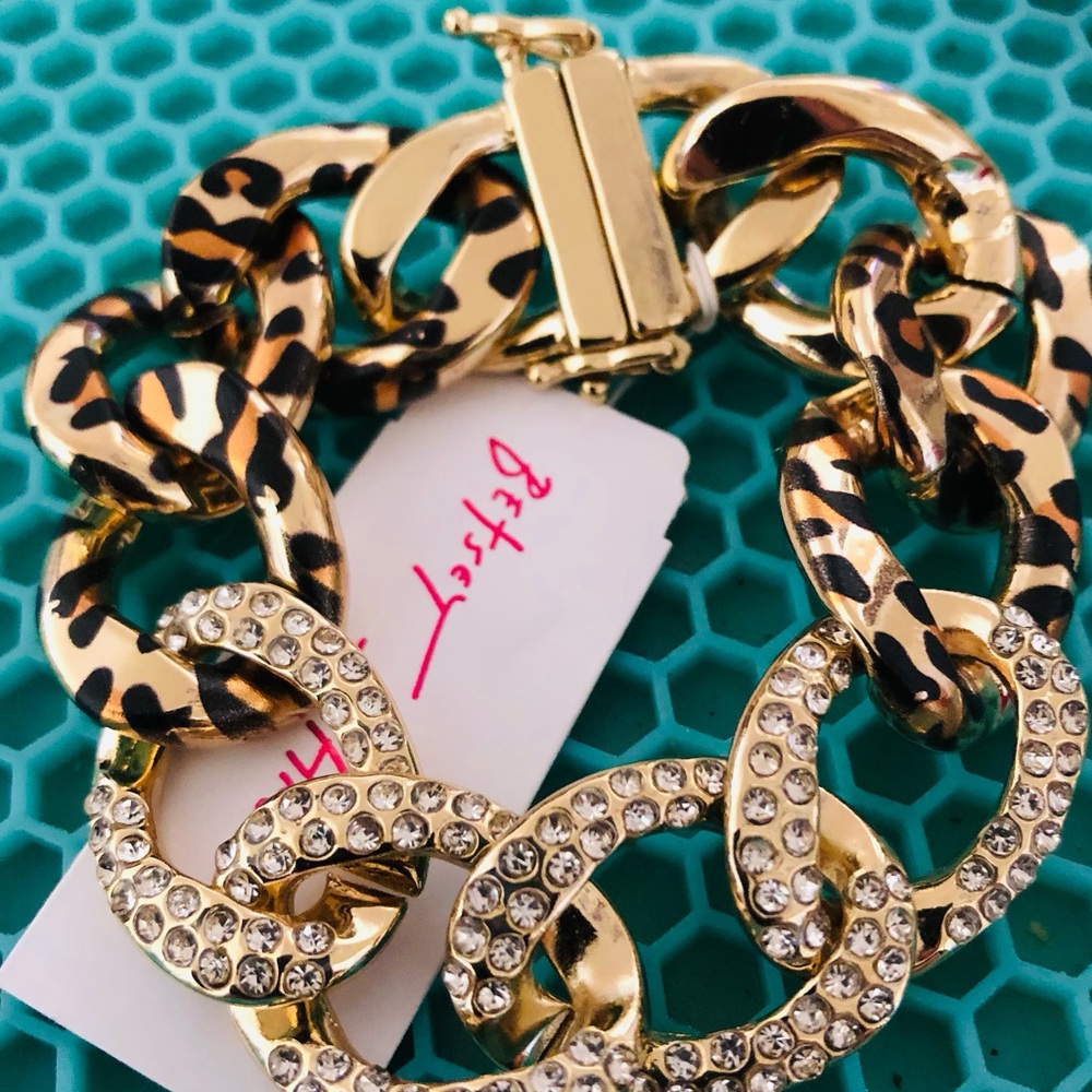 Authentic Betsey Johnson Bracelet - Gold-Tone Leopard Print & Crystal Links NWT